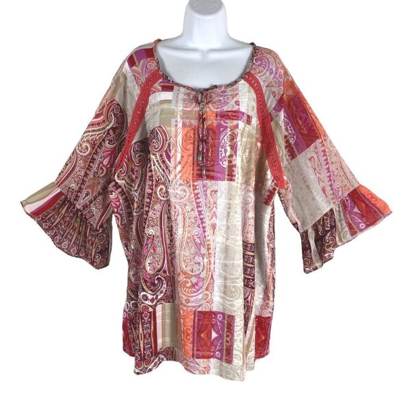Catherines Tunic Top 2X Paisley Patchwork‎ Bell Sleeve Tie Neck Boho TP-2324 - Picture 1 of 9